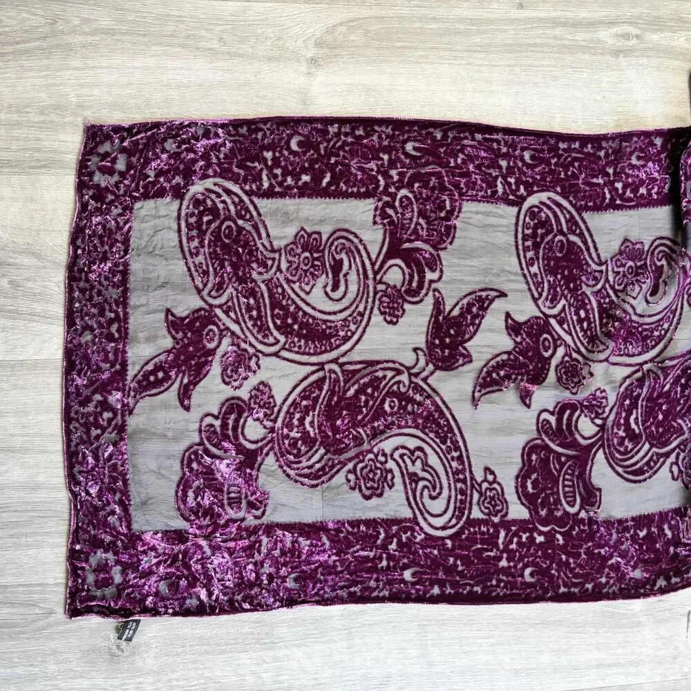 Scarf Sheer Silk Velvet Purple Paisley Design Head Shoulder Covering 21 x 66 in